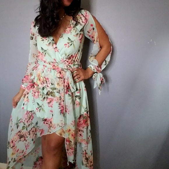💕20%OFF💕MINT GREEN PINK FLORAL HIGH LOW DRESS - Picture 2 of 7